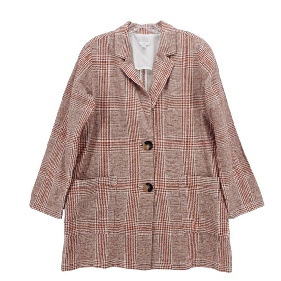 J JILL Plaid Linen Cotton Blazer Jacket Woven OVERSIZED Fit Pockets EUC SMALL - Picture 1 of 8
